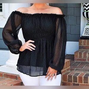 SALE!! On or Off the Shoulders Black Dressy Top with Sheer Sleeves